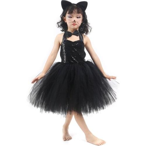 Solid Black Sequins Cat Cosplay Halloween Costume for Kids Girls Animal Tutu Dress Outfit for Toddler Baby Girl Birthday Clothes