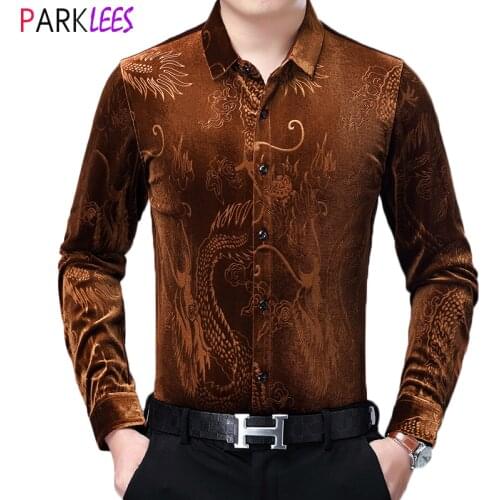 Luxury Chinese Dragon Jacquard Velvet Shirt 2020 Autumn New Casual Slim Fit Velour Dress Shirts Mens Warm Comfortable Chemise