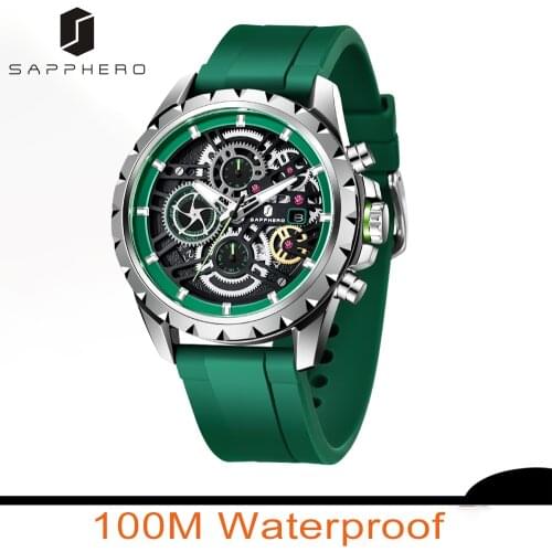 SAPPHERO Mens Watch 100M Waterproof Stainless Steel Chronograph Luxury Brand Military Silicone Wristwatch Casual Fashion Gift