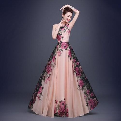 Hirigin Floral Printed Chiffon Prom Gown Dresses For Women Carpet Flower Print Long Vintage Party Evening Formal Dress