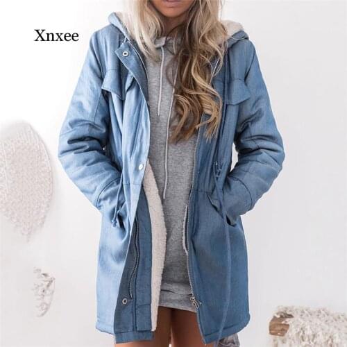 Blue Womens Hooded Jackets Female Jacket Plush Coat Casual Long Sleeve Denim Jacket Long Jean Outwear Overcoat Feminine Coat