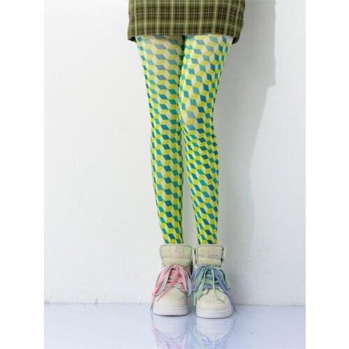 Spring and autumn new three-dimensional geometric square lattice green plaid personalized printing pantyhose leggings