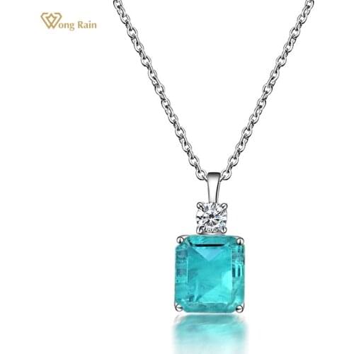 Wong Rain 100% 925 Sterling Silver Paraiba Tourmaline Created Moissanite Gemstone Wedding Party Pendant Necklace Fine Jewelry