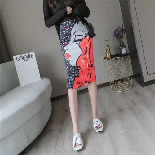 Ready Stock Fashion Women Elastic High Waist Pencil Skirts Midi Skirt Women Printed skirts womens 2020 Knee-Length skirts