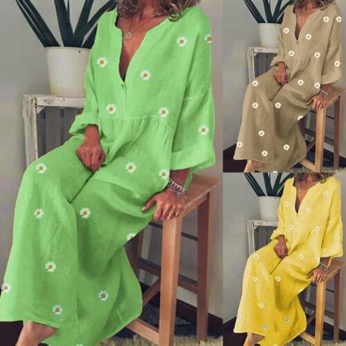 Summer Bohemian Sundress 2020 Women Party Long Dress Fashion Deep V Neck Long Sleeve Marguerite Print Large Hem Dress Vestidos