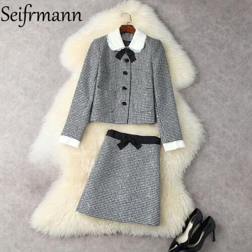Seifrmann New 2021 Autumn Women Fashion Runway Skirts Set Long Sleeve Plaid Print Coat + High Waist Bow Skirts 2 Two Pieces Suit