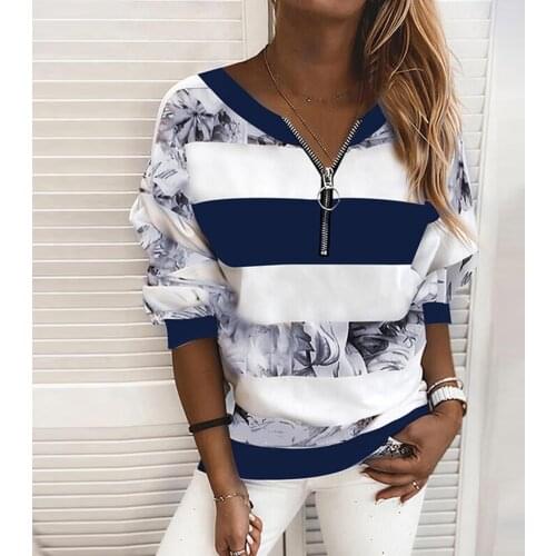 Women Sweatshirt Vintage Autumn Tops Women Striped Print Stitching Zipper Top Long Sleeve Pullover Tee Shirts Striped Color