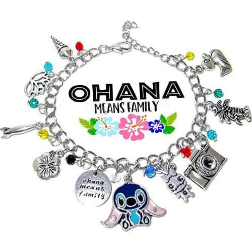Ohana Means Family Lilo Vintage Charms Bracelet Bangles Crystal Beads Silver Chain Links Bracelets Christmas Jewelry