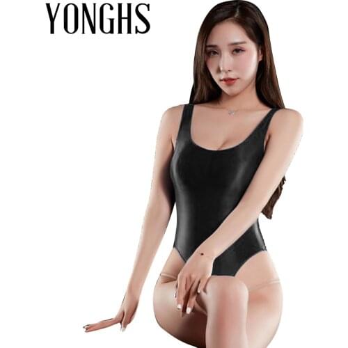 Womens Erotic Lingerie Bodysuit Smooth Silky Sexy Clubwear Deep U Neck Sleeveless High Cut Thong Leotard Bodysuit Nightwear