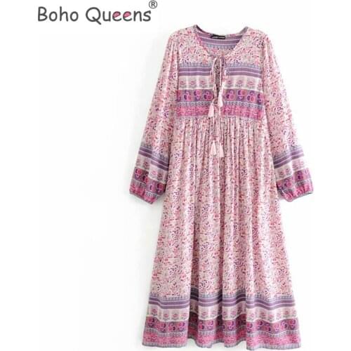 Boho women pink floral print long sleeve tassel beach Bohemian midi dresses Ladies loose v-neck rayon cotton happie dress