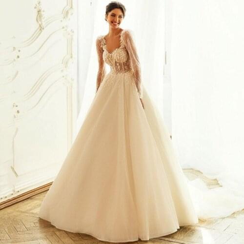 Champagne Wedding Dress Long Sleeve Lace Bride Dresses 2021 Elegant Vintage Wedding Gowns Boho Buttons Robe de Mariee