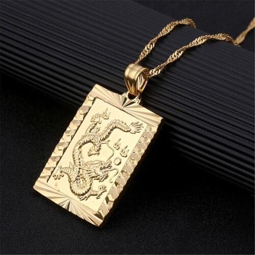 Gold Color Chinese Dragon Pendant Necklace Animal Luck Charms Taoism Blessing Jewelry