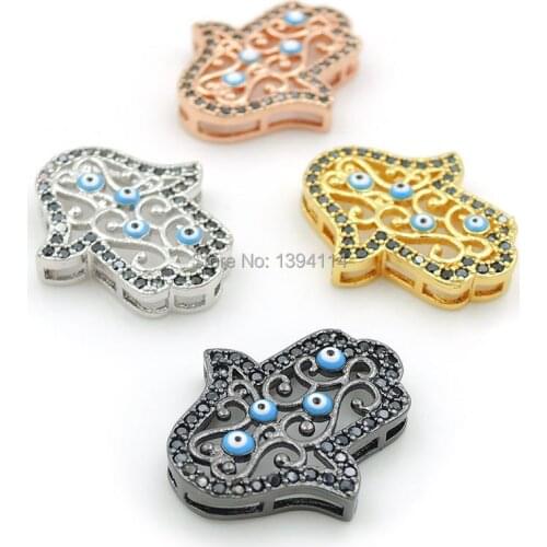 22*16*4mm Micro Pave Black CZ Hand Of Filigree Flat Beads With Enamelling 4 Blue Eyes Fit For Making DIY Bracelets Jewelry