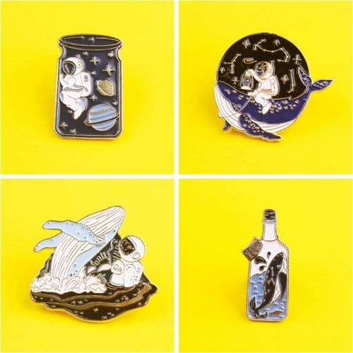 Astronaut and Whale Enamel Pin Adventure Ocean Drifting Wishing Bottle Brooches Bag Lapel Pin Badge Jewelry Gift for Friends