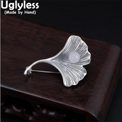 Uglyless Thai Silver Ginkgo Brooches for Men Elegant Business Dress Jewelry Natural Jade Women 925 Silver Brooches Pins Vintage