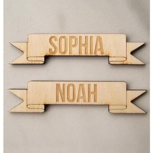 Engraved Wooden Banner Shaped Wedding Place Names Guest names Place Cards