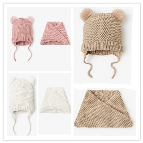 Toddler Baby Infant Beanie Hat for Boys Girls Pom-pom Kintted Hats Knitted Scarf Set Winter Skull Cap Cute Ears Cartoon Beanie