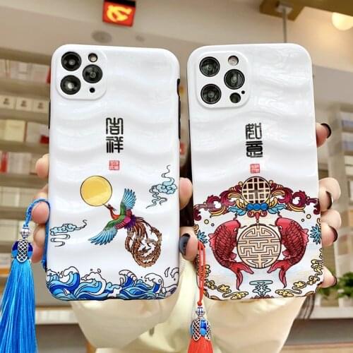 For iPhone 12 Pro Max 11 12 Mini XS XR X 8 7 Plus SE 20 Wavy Bump Texture IMD Cover With Tassel Rope Soft Silicone Back Case