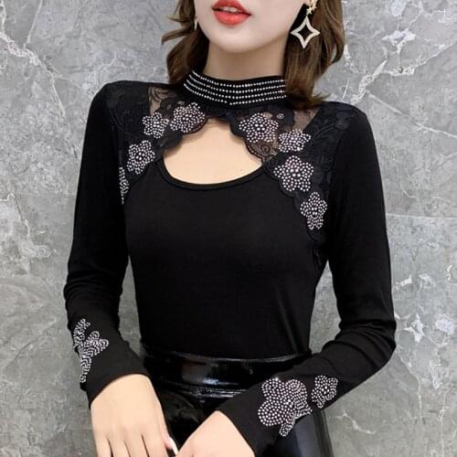 Spring Autumn New European Clothes Stand-up collar Female shirt Hot drilling Hollow out Tops Long-sleeved Women T shirt