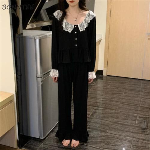 Pajama Sets Women Lace Princess Style Girls French Stylish Button Loose Ruffles Sweet Home Clothing Cozy Students Cute Female