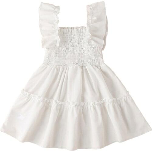 2021 Fashion Baby Girls Dress Summer Toddler Solid Color Minnie Dress Smocked Square Collar Fly Sleeve Ruffle 1piece, 2-7 Years