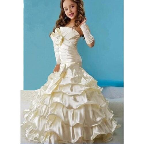 Luxury Mermaid Tiered Satin Flower Girl Dresses For Wedding Kids Evening Pageant Gown Lace Up First Communion for Girls Vestidos