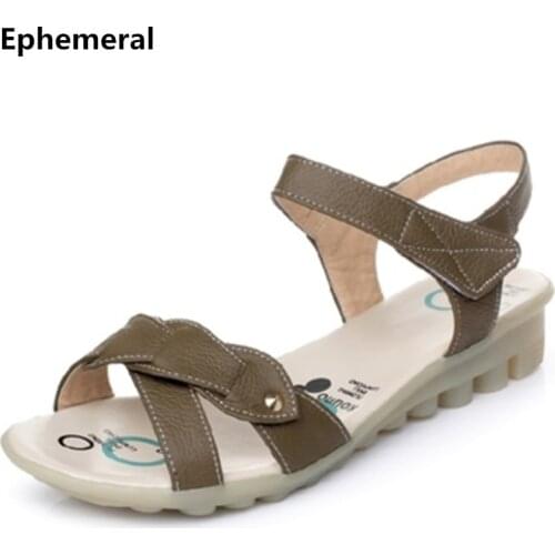 Girls Vintage Sandals Hoop & Loop Spike Heel Flats Shoes White Black Khaki Larger Size 12-3 Comfortable Footwear Genuine Leather