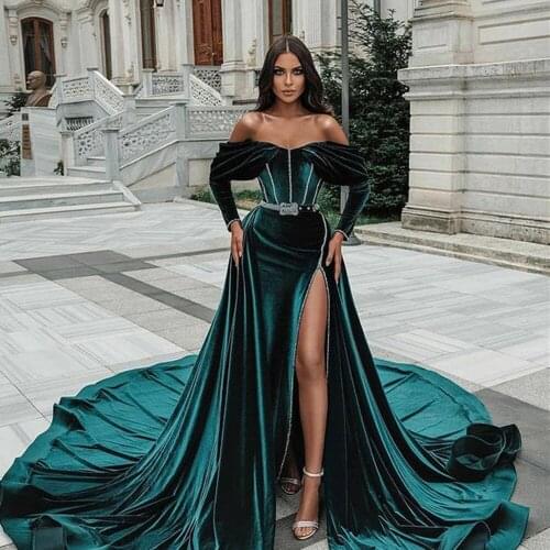 Green Off-Shoulder Evening Dresses Long 2021 Detachable Train Velvet Side Split Long Sleeve Prom Party Gowns vestido de fiesta