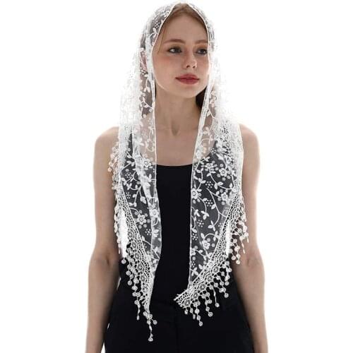Women Lace Scarf for Church Tassel Triangle Scarf Sheer Floral Scarves Church Prayer Shawl Spanish Mantilla Lace Bufanda Mujer