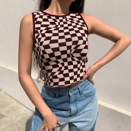 Summer Fashion Plaid Contrast Color Slim Lattice Neck Wool Knit Vest Sleeveless Top Women 2021 -40