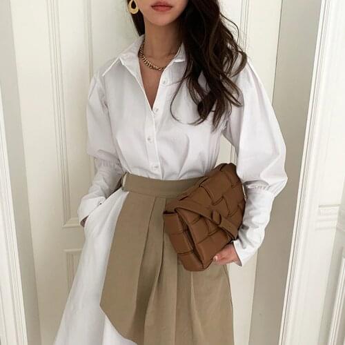 Stylish Women Turn-down Collar Irregular Shirt Dress Elegant Long Sleeve Female Pleated Dress 2021 Spring 2 Pieces