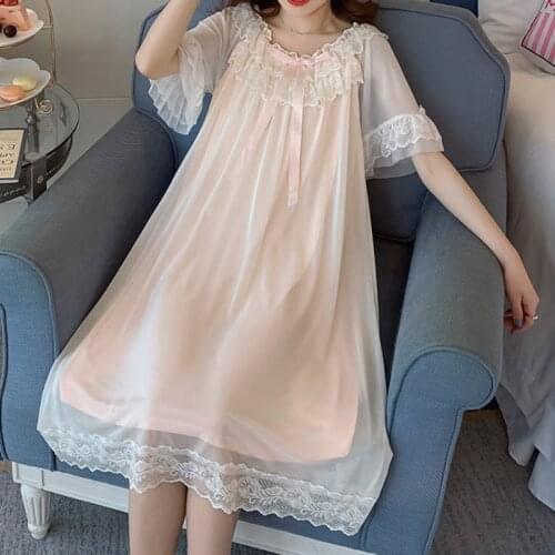 Women Modal Night Dress Nighty Romantic Nightgowns Kawaii Ruffle Lace Peignoir White Pink Tulle Sweet Sleep Wear Fairy Nightwear