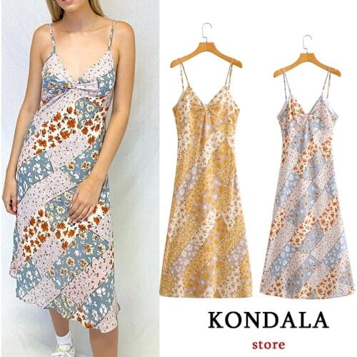 KONDALA Women Dress Za Fashion 2021 Floral Print Vintage Summer Dress Sleeveless Strap Dress Bow Chiffon V Neck Sexy Vestidos