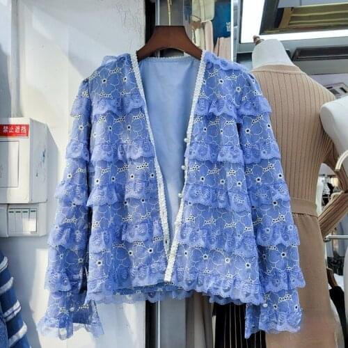 Blue Lace Coat for Wome 2021 Spring New Thin Mesh Patch Beaded Open Jacket Girls Lady Fashion Top Casual Loose Outwear Chaquetas