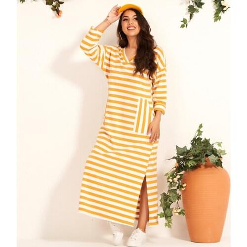 Summer New Womens V-neck Sweet Style Long-sleeved Striped Knitted Stretch Loose Open End Arabian Dress Large Size Womens Long