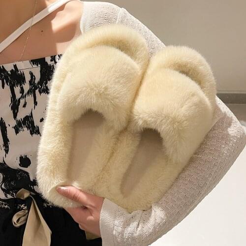 Winter Women House Furry Slippers Fashion Faux Fur Warm Shoes Women Slip on Flats Female Home Slides Black Plush Indoor Outdoor