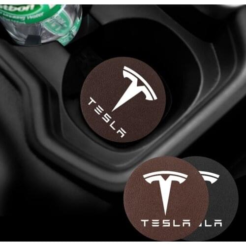 2Pcs PU Leather Car Cup Mat Auto Emblem Coaster Accessories For Tesla Model X Model S Model 3