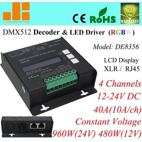 Free Shipping CE ROHS 4 ch RGBW dmx decoder ,10a*4 ch xlr/rj45 dmx in/out, 4channels/12-24V/40A pn:DE8356