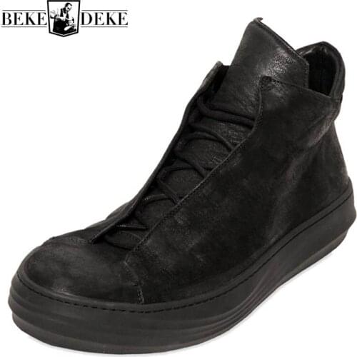 Men Genuine Leather Boots Winter British Lace Up High Top Shoes Black Hip Hop Ankle Boots Fashion Flat Platform Sneakers Male