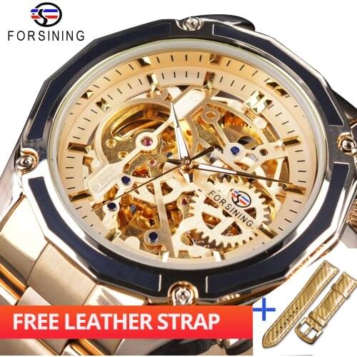 Forsining Watch + Band Set Combination Golden Steampunk Open Work Skeleton Mechanical Movement Mens Automatic Watches Top Brand