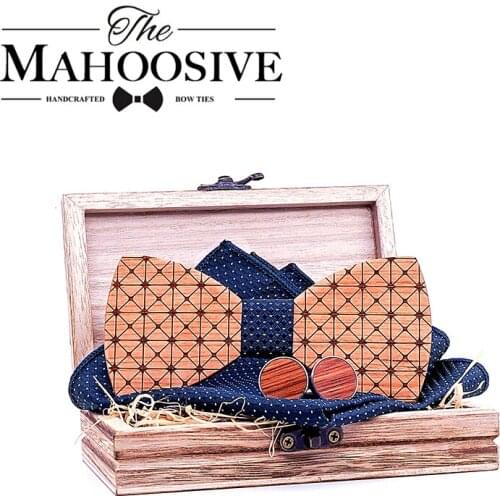 Wood Mens Bow Tie Plaid Butterfly Wooden Bow Ties For Men Tie Hanky Cufflink Set For Business Wedding Party