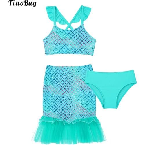 TiaoBug 3Pcs Kid Girl Summer Swimsuit Sleeveless Straps Fish Scales Print Crop Top Ruffle Mesh Hem Skirt Tail With Briefs Sets