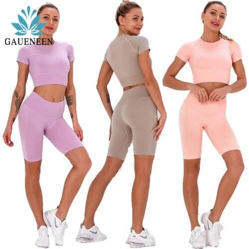 GAUENEEN Women Seamless Yoga Set Tracksuit Workout Fitness Gym Clothing Sport Outfit Short Sleeve Crop Top Running Shorts Sets