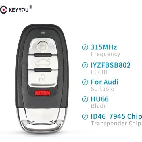 KEYYOU 3+1 Button For Audi A3 A4 A5 A6 A8 Quattro Q5 Q7 Key Fob Smart Remote Key 315Mhz ID46 Chip FCC ID: IYZFBSB802 2009-2015
