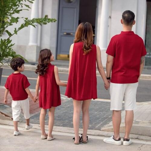 Summer dress Chinese style cotton and linen Cheongsam dress parent-child Tang suit family outfit