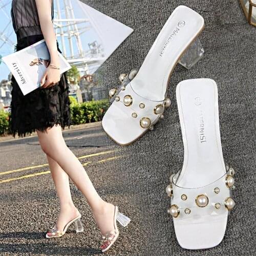 2021 Summer New Style Comfortable White Square Toe Transparent High-heeled Sandals for Ladies Outer Wear Rhinestone Slippers