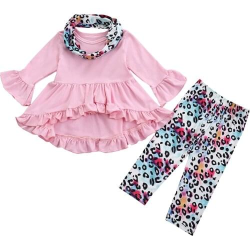 1-5Years Kid Toddler Baby Girl Outfit Long Sleeve Solid Color Ruffle Dress Shirt Top + Long Pant+ Scarf Set