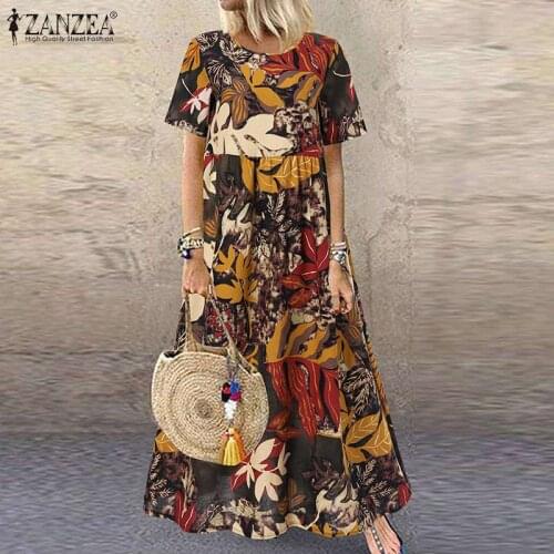 Vintage Printed Dress Womens Summer Sundress ZANZEA 2021 Casual Short Sleeve Maxi Vestidos Female O Neck Floral Robe