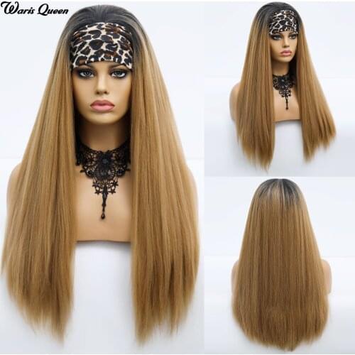Womens Natural Leopard Headband Long Straight Glueless Wigs synthetic For Black Women Brown Ombre Afro Wig Fake Hair