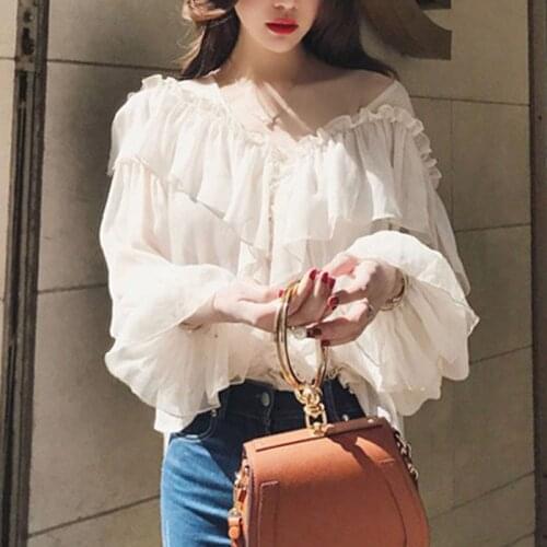 Summer Women Chiffon Shirt Sexy V-neck See Through Boho Mesh Tops Ruffle Flare Sleeve Elegant Peplum Ladies Blouse Blusas 13459
